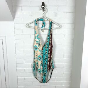 Vintage Turquoise Brown Western Floral One Piece Swimsuit Size 10